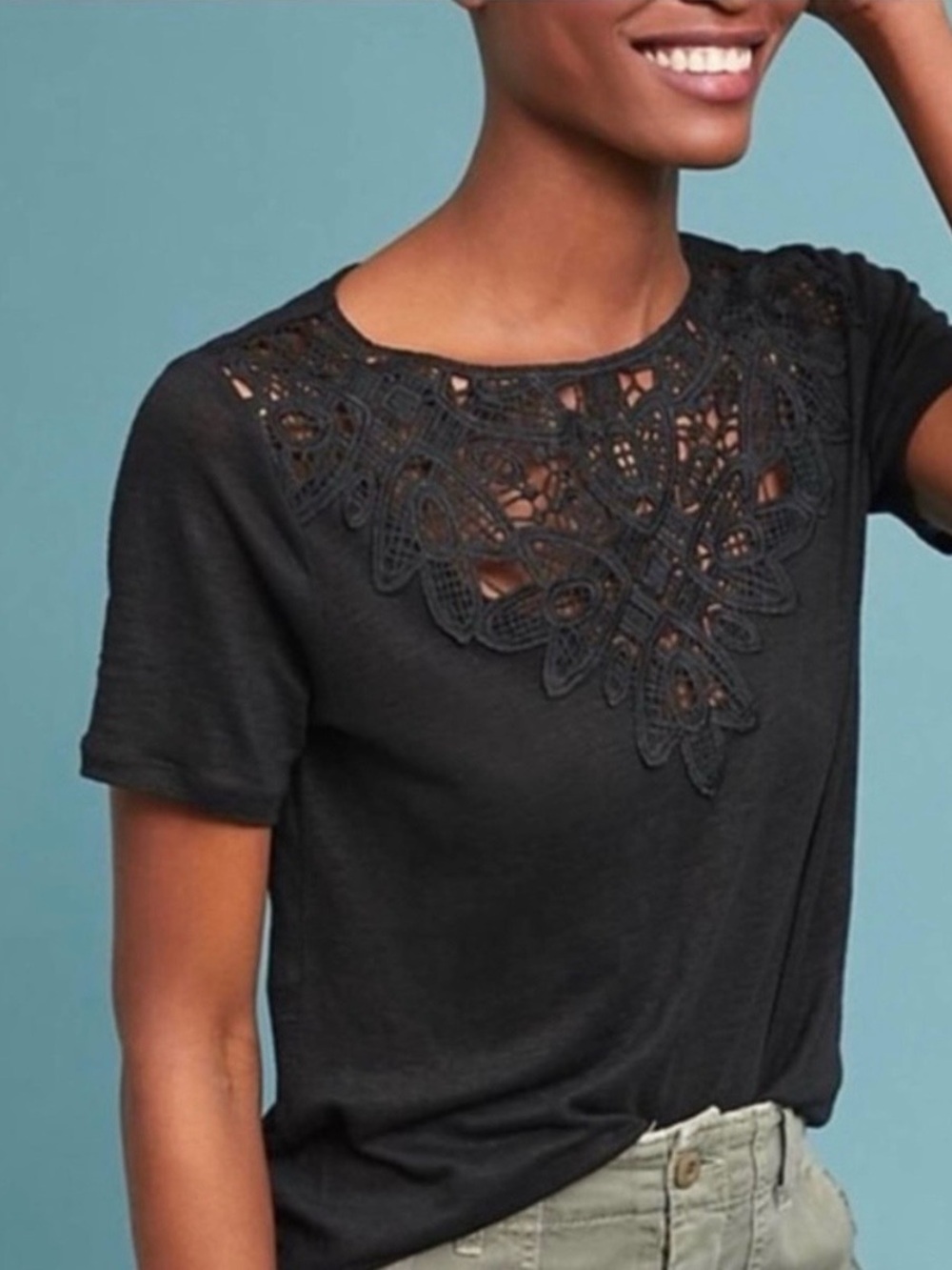 James Coviello Linen Lace Tee - Women's Black Lace Yoke Short Sleeve Tee
